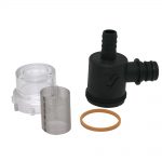Inline strainer disassembled to show clear bowl, mesh screen, and gasket